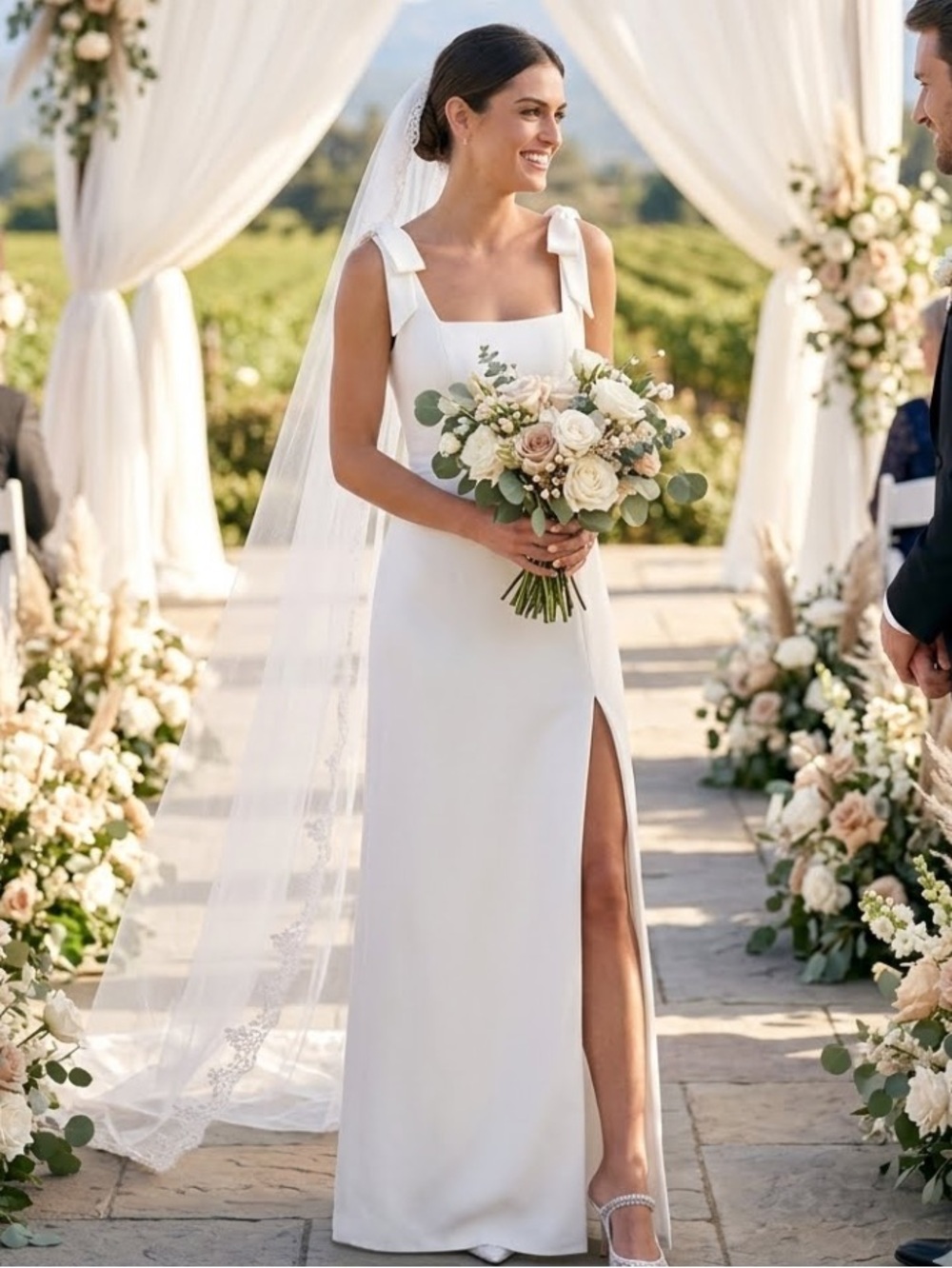 Lulu's Ivory Satin Bow-Shoulder Wedding Gown with Side Slit